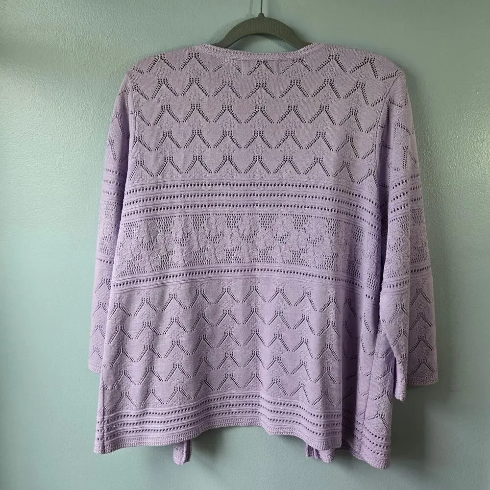 Alfred Dunner Women's Lavender Crocheted Knit Open Front Sweater Cardigan Medium